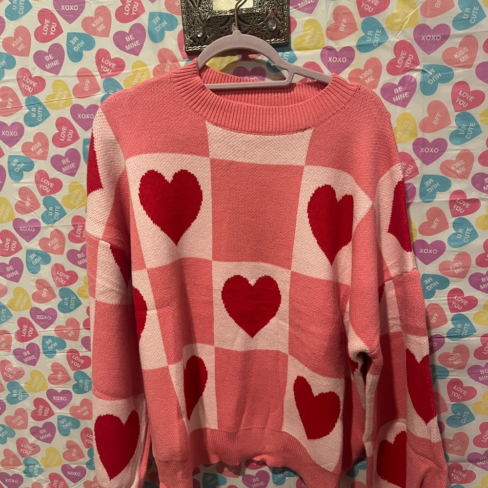 Valentines pink checkered and red hearts very hearts long sleeve sweater